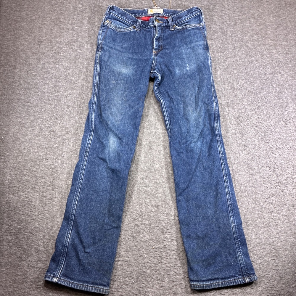 Carhartt Flannel Lined Jeans Womens 6 Blue Original Fit Straight Leg Distressed